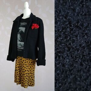 John Caruana Retro Fuzzy Teddy Boucle Collared Button Front Fitted Jacket Black